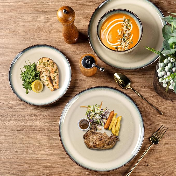 GBHOME Ceramic Dinnerware Sets for 4, 12 Pieces Stoneware Plates and Bowls Sets, Scratch Resistant Dishes, Dishwasher & Microwave Safe, Reactive Glaze-Gravel-HomvellaHome