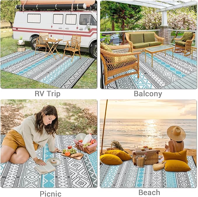 GAOMON Outdoor Rug 9'x12' Waterproof Rug for Patio Decor, Foldable Reversible Plastic Straw Area Rugs Mat for Camper, Outside Carpet for Deck, Porch, Picnic, Beach, Blue/Grey(Bohemia)-HomvellaHome