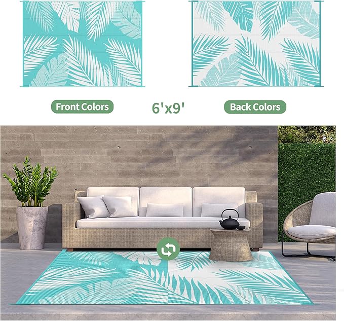 GENIMO Outdoor Rug 6' x 9' Waterproof for Patios Clearance, Reversible Outdoor Plastic Straw Camping Rug Carpet, Large Area Rugs Mats for RV, Camper, Deck, Balcony, Porch, Beach, Aqua Blue&White-HomvellaHome