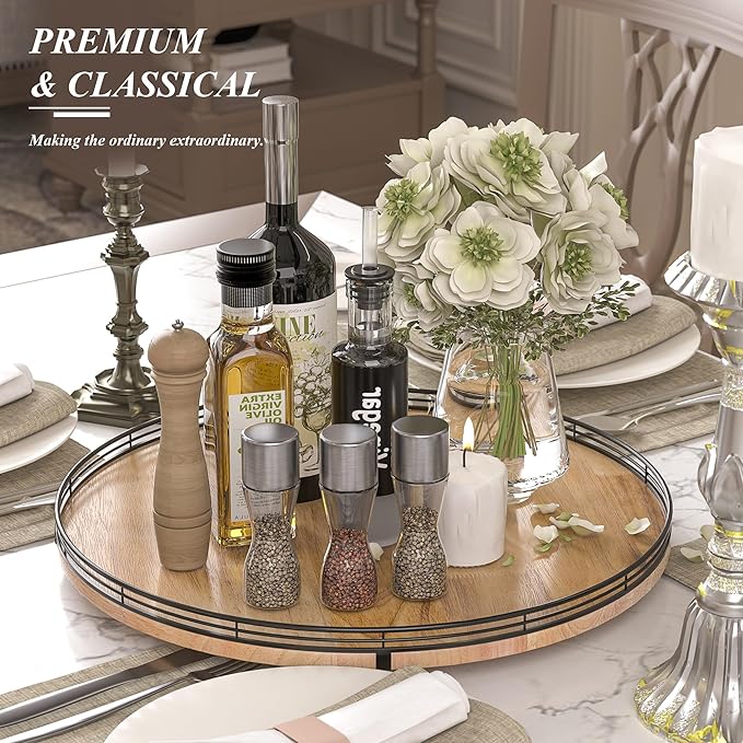 18" Lazy Susan Oak Wood Turntable Organizer for Cabinet, Farmhouse Round Wooden Large Lazy Susan Organization and Storage for Dining Table, Pantry, Kitchen, Countertop, Cupboard, Home Decor-HomvellaHome