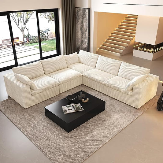 118" V Shaped Corner Modern Sofa Modular Sectional Cloud Couch,Deep Seat Upholstered Couches with Plush Corduroy Fabric for Living Room Furniture,Bedroom and Apartment,No Assembly Required,White-HomvellaHome