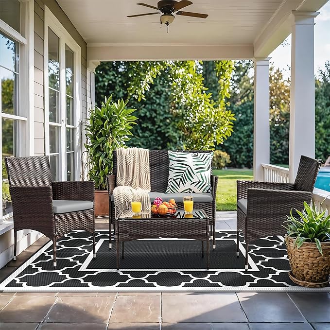 GENIMO 5' x 8' Outdoor Rug Waterproof for Patio Decor, Foldable Reversible Plastic Straw Area Rugs Mat for Camper, Outside Carpet for Rv, Deck, Porch, Picnic, Beach, Balcony, Black & White-HomvellaHome