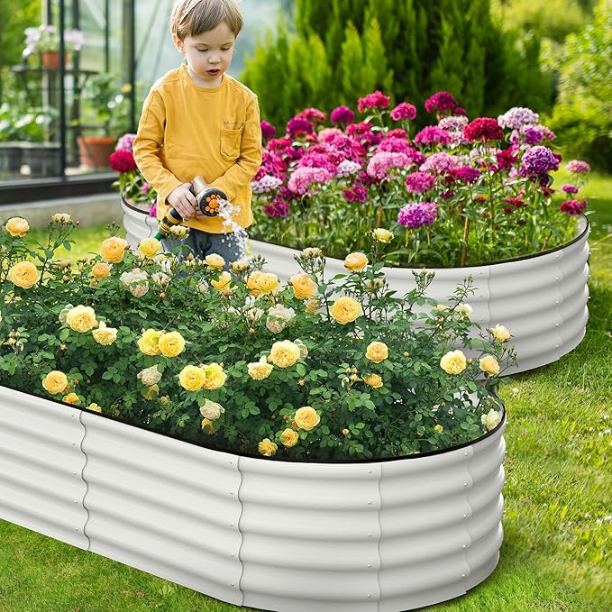 2 Pcs 6x3x1ft Oval Raised Garden Bed, Galvanized Raised Beds,Open-Ended Base Metal Raised Planter Beds,Garden Bed Outdoor,Planter Raised Boxes for Vegetables, Flowers,Tool-Free Asse,White-HomvellaHome