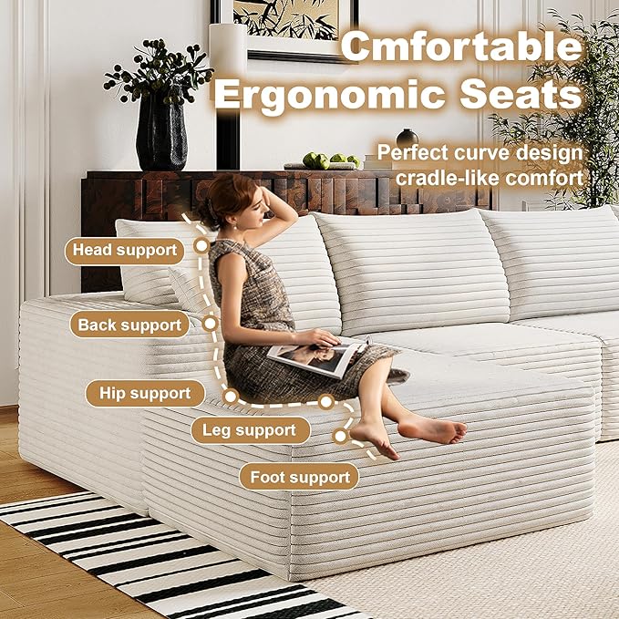 136" Sectional Couches for Living Room Modern Modular Sofa with L-Shape Couchs Upholstered Boneless Couch Deep Seat Sectional Couch with Chaise (White, Left Facing Chaise+3Seaters+Ottoman)-HomvellaHome