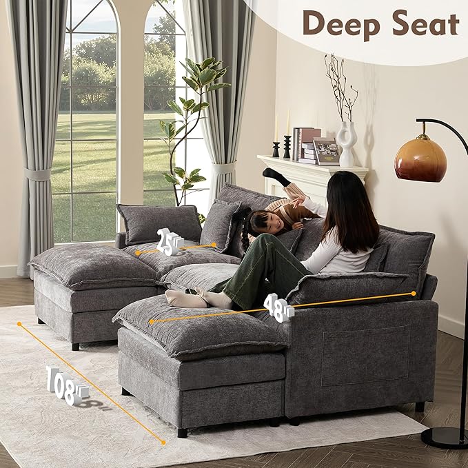108" U Shaped Couch, Modular Sectional Sofa, 3-Seater Comfy Cloud Couch with Movable Ottoman, Deep Seat Couches for Living Room, Chenille, Slate-HomvellaHome