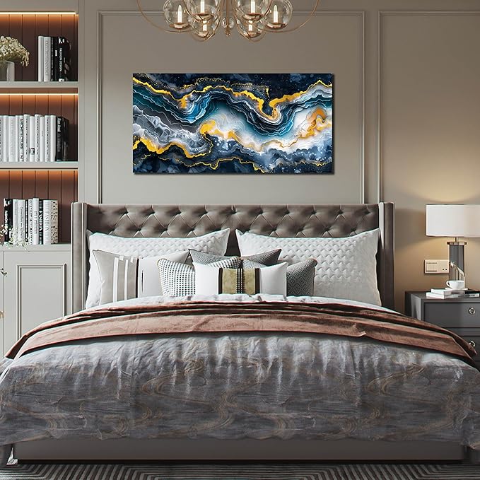 GUGIKA Abstract Wall Art for Living Room, Gold Black and Blue Canvas Wall-Art for Bedroom, Ocean Landscape Print Paintings, Size 40x20 Inches-HomvellaHome