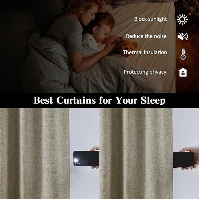 102 Inch Long Blackout Linen Blend Curtains 2 Panels,70 Wide Back Tab Pinch Pleated Look Window Drapes with Hooks,Track System Curtain Panels for Sliding Door Modern Farmhouse 70x102 Light Taupe-HomvellaHome