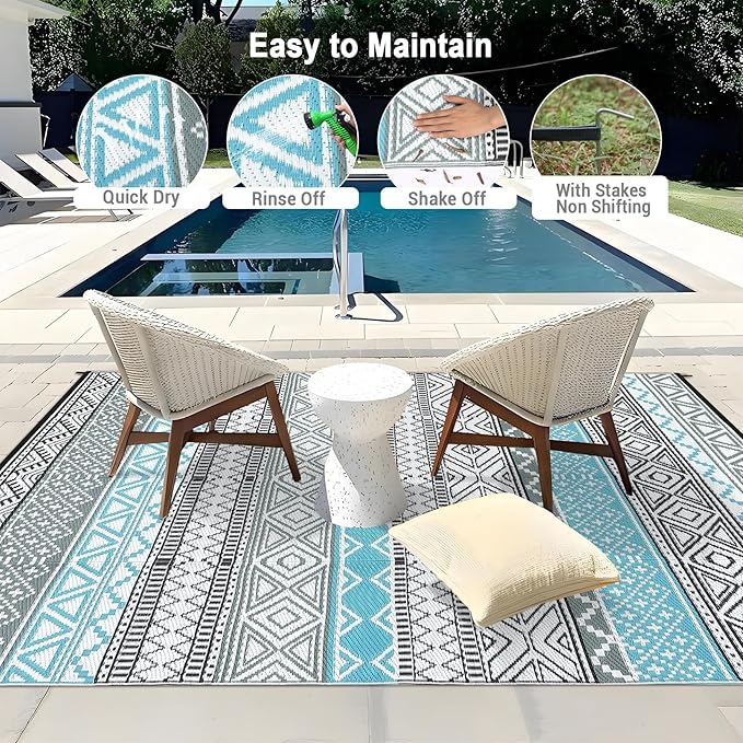 GAOMON Outdoor Plastic Straw Rug, 10'x20' Reversible Sage Green Patio Mat, Flower Modern Design for RV, Backyard, Deck, Camping, Picnic, Blue/Grey(Bohemia)-HomvellaHome