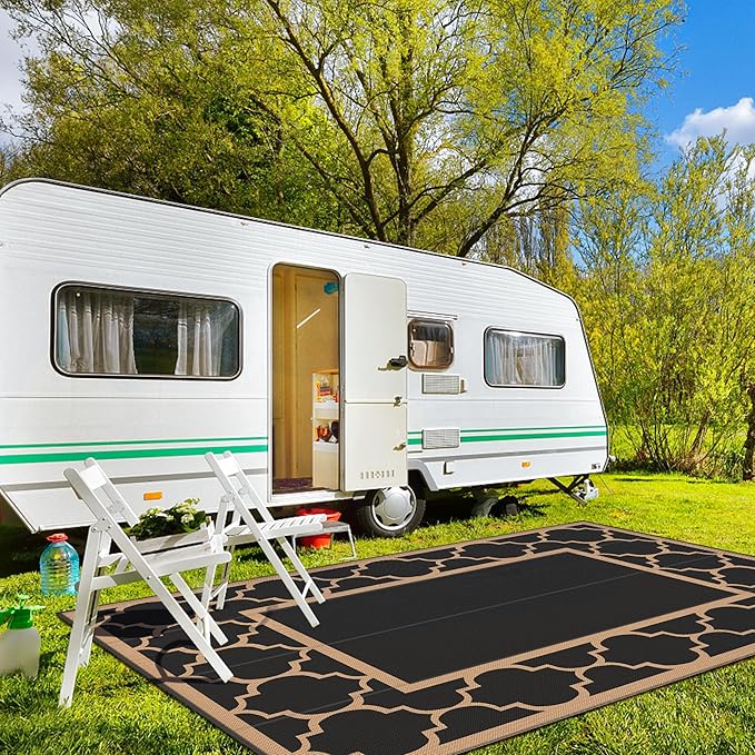GENIMO 10 ' x 14 ' Outdoor Rug Waterproof for Patio Decor, Foldable Reversible Plastic Straw Area Rugs Mat for Camper, Outside Carpet for Rv, Deck, Porch, Picnic, Beach, Balcony, Black & Brown-HomvellaHome