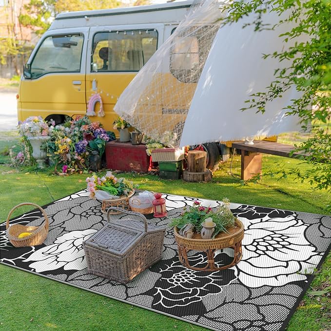 GENIMO Outdoor Rug Waterproof for Patio Decor, 9' x 12' Reversible Plastic Straw Floral Camping Carpet, Large Area Rugs Mats for RV, Camper, Deck, Balcony, Porch, Beach, Picnic, Mix-Black & White-HomvellaHome
