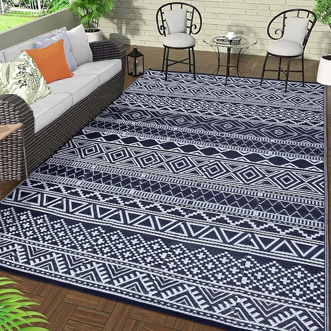 GAOMON Outdoor Rug 9'x12' Waterproof Rug for Patio Decor, Foldable Reversible Plastic Straw Area Rugs Mat for Camper, Outside Carpet for Deck, Porch, Picnic, Beach, Dark Blue/White(Bohemia)-HomvellaHome