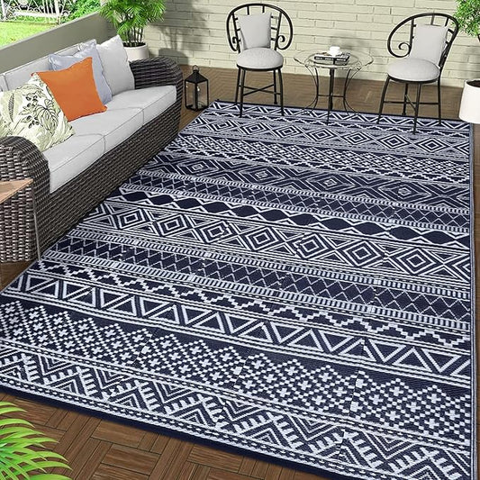 GAOMON Outdoor Rug Waterproof 8'x10', Reversible Outdoor Plastic Straw Rug, Boho Patio Rug, Indoor Outdoor Carpet, RV Mat Outside for Patio, Camp, Picnic, Balcony, Deck, Dark Blue/White(Bohemia)-HomvellaHome