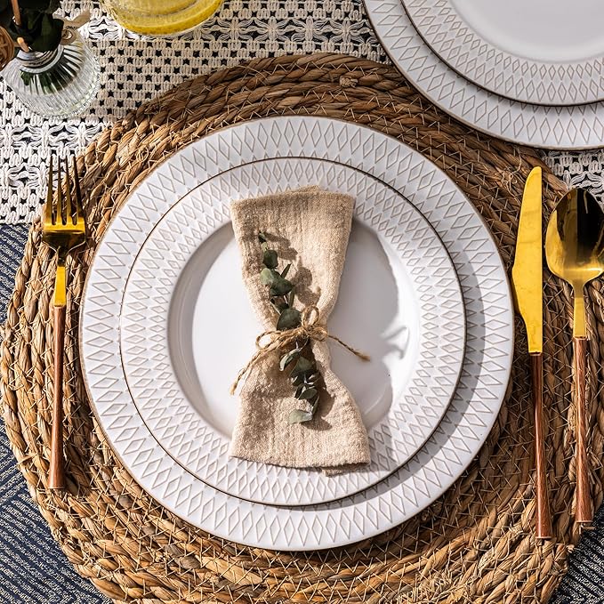 GBHOME Ceramic Dinnerware Sets, 24 pcs Embossed Elegant Stoneware Plates and Bowls Sets, Housewarming Wedding Gift | Dishwasher & Microwave Safe | Dishes Set Service for 8-HomvellaHome