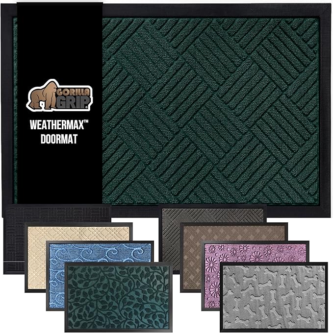 GORILLA GRIP 100% Waterproof All-Season WeatherMax Doormat US Designed Natural Rubber, Stain and Fade Resistant, Low Profile Indoor Outdoor Door Mats, Easy Clean Patio Mat, 23x35, Green Diamond-HomvellaHome