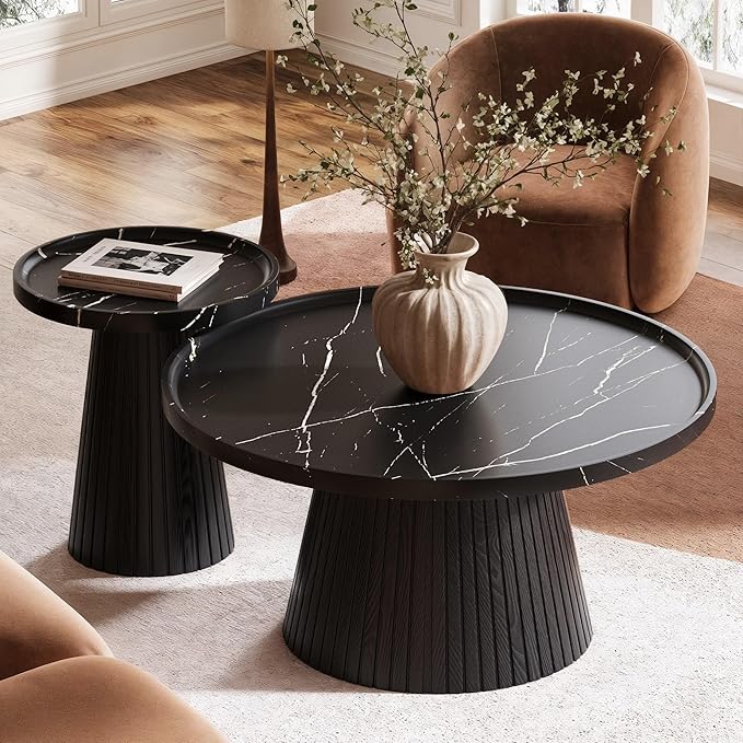 win2win Nesting Coffee Table Set of 2, Modern Coffee Table with Marble Veneer, Fluted Round Tea Table and End Table Set, Minimalist Center Tables for Living Room, Office, Black-HomvellaHome