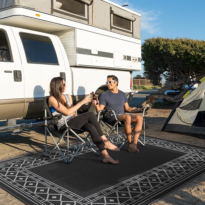 GENIMO Outdoor Rug Waterproof 6'x9' for Patio, Foldable Reversible Plastic Straw Carpet for Travel Trailers, Outside Area Mat for Rv, Deck, Picnic, Porch, Camper, Balcony, Beach, Black & Grey-HomvellaHome