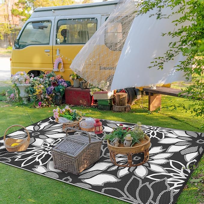 GENIMO Outdoor Rug Waterproof for Patio Decor, 8' x 10' Reversible Plastic Straw Floral Camping Carpet, Large Area Rugs Mats for RV, Camper, Deck, Balcony, Porch, Beach, Picnic, Black & White-HomvellaHome