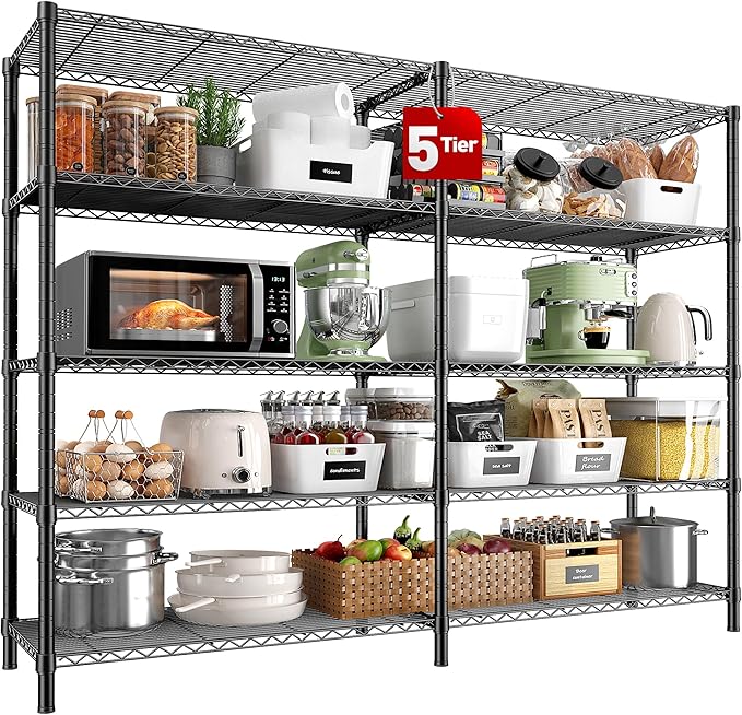REIBII 5 Tier Wire Shelving Storage Shelves Loads 1430LBS, 58" W Metal Shelving for Storage Adjustable Shelving Unit Heavy Duty Garage Shelves Pantry Shelves Kitchen, Black-HomvellaHome
