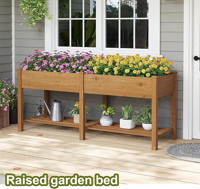 GHWIE Raised Garden Bed with Shelf,Elevated Wooden Planter Box with Legs,Garden Planter for Backyard, Patio, Balcony-HomvellaHome