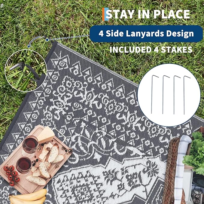 GAOMON Outdoor Patio Rug 9x12 Waterproof Reversible Plastic Straw Rug, Large UV-Resistant Portable RV Camping Mats, Indoor Outdoor Rugs for Outside Deck Porch Garden RV, Gray & White-HomvellaHome