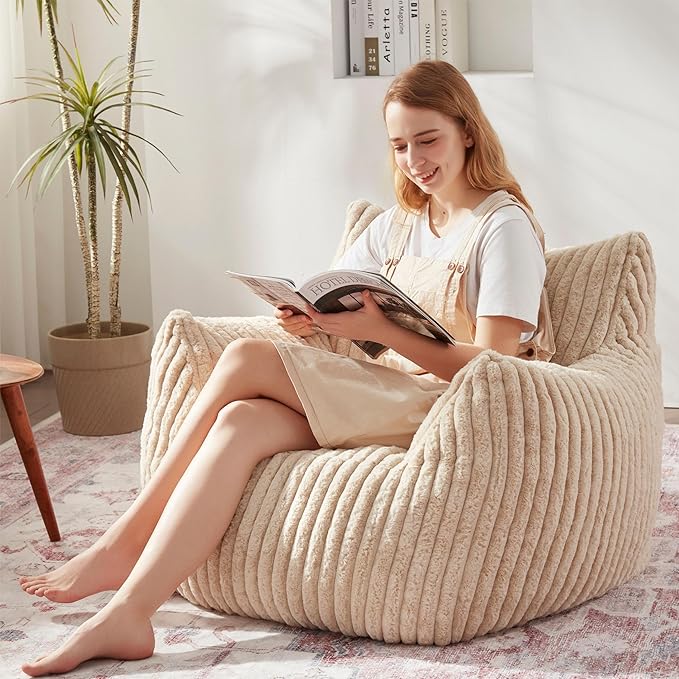 Giant Bean Bag Chairs for Adults with Filling Plush Fluffy Bean Bag Chairs for Teens with Armrests Comfy BeanBag Lazy Couch Sofa Chair for Bedroom Living Room Reading-HomvellaHome