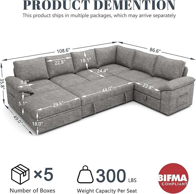 108 Inch Modular Sectional Sofa with Pull Out Bed,U Shaped 7 Seat Sectional Sleeper Sofa with Storage,Sectional Couches for Living Room,Cloud Modular Couch,Removable Sofa Cover,Light Gray-HomvellaHome