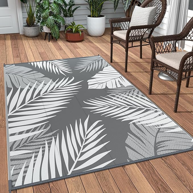 GENIMO Outdoor Rug 3' x 5' Waterproof for Patios Clearance, Reversible Outdoor Plastic Straw Camping Rug Carpet, Large Area Rugs Mats for RV, Camper, Deck, Balcony, Porch, Beach, Picnic, Grey&White-HomvellaHome
