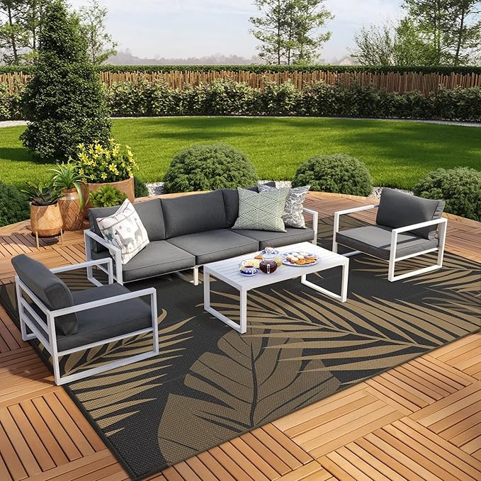 GENIMO Outdoor Rug 9' x 18' Waterproof for Patios Clearance, Reversible Outdoor Plastic Straw Camping Rug Carpet, Large Area Rugs Mats for RV, Camper, Deck, Balcony, Porch, Beach, Picnic, Black&Brown-HomvellaHome