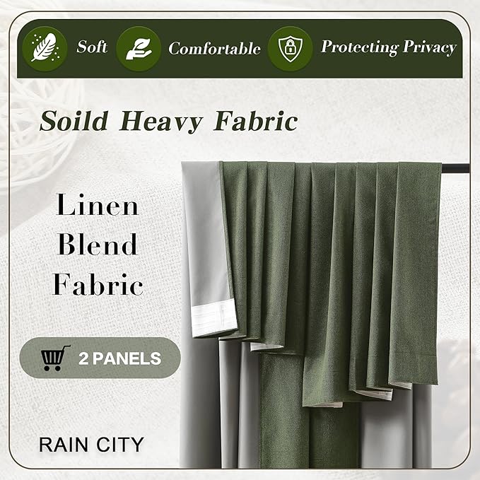 102 Inch Long Linen Blended Blackout Curtains 2 Panels, Back Tab Pleated Look Drapes for Track System with Hooks, Noise Reducing Country Blackout Winodw Curtains 50x102-Loden/Olive Green-HomvellaHome