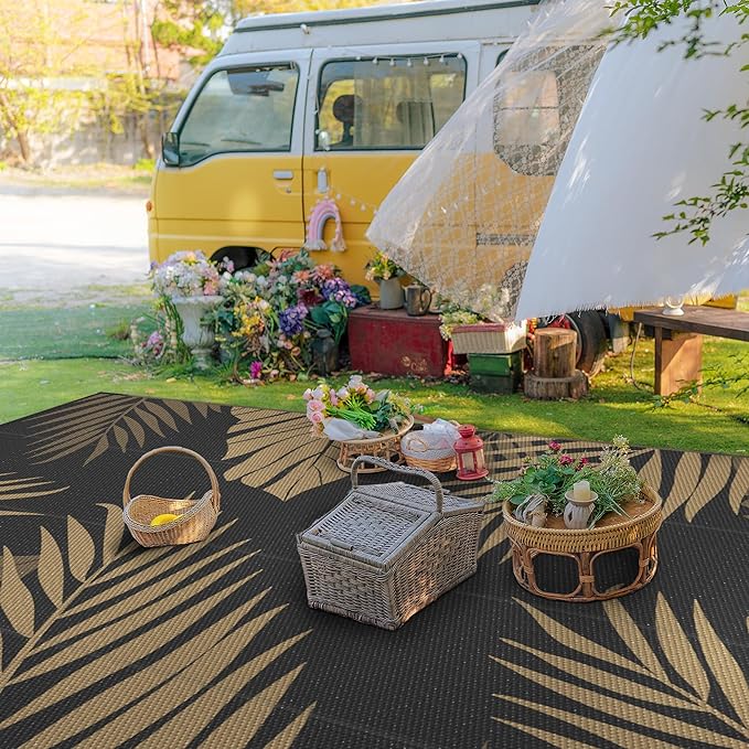 GENIMO Outdoor Rug 10' x 14' Waterproof for Patios Clearance, Reversible Outdoor Plastic Straw Camping Rug Carpet, Large Area Rugs Mats for RV, Camper, Deck, Balcony, Porch, Beach, Picnic, Black&Brown-HomvellaHome