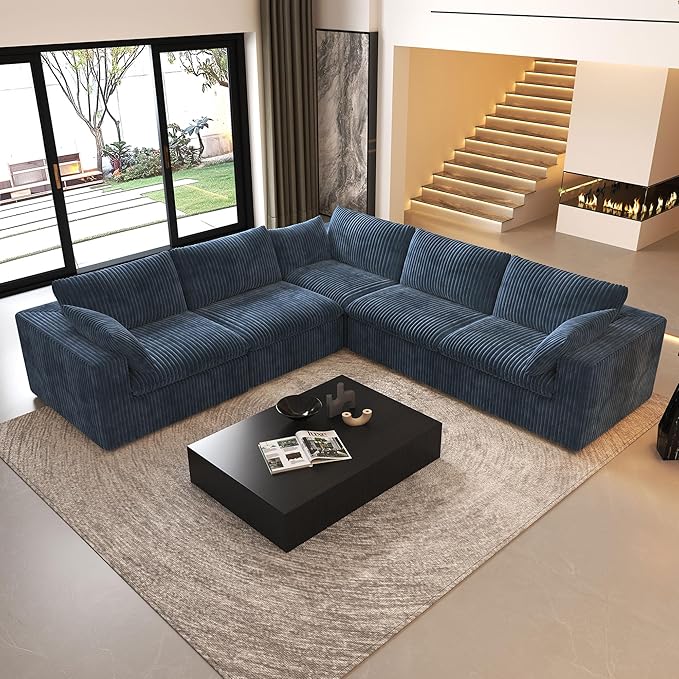 118" V Shaped Corner Modern Sofa Modular Sectional Cloud Couch,Deep Seat Upholstered Couches with Plush Corduroy Fabric for Living Room Furniture,Bedroom and Apartment,No Assembly Required,Blue-HomvellaHome