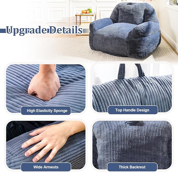 Giant Bean Bag Chair, Faux Fur Bean Bag Chair for Adults, Fluffy and Comfy Bean Bags with Filler, Big Bean Bag Sofa Chair for Reading, Gaming, Stuffed High-Density Foam, Grey-HomvellaHome