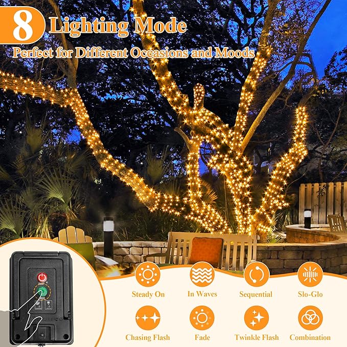 2 Pack Solar String Lights Total 600LED 197FT, IP67 Waterproof Solar Lights for Outside with 8 Modes, Fairy Lights for Patio Garden Party Wedding Yard Camping Decorations (Warm White)-HomvellaHome