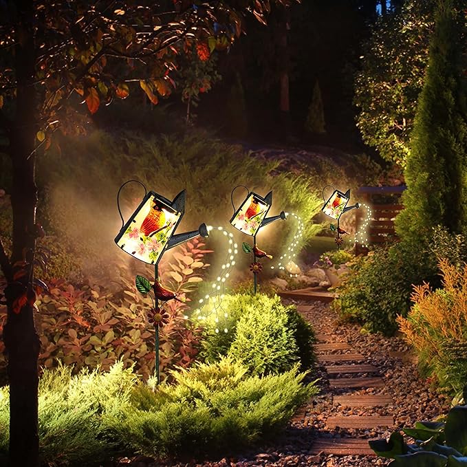 Garden Solar Lights Outdoor, Metal Watering Can Garden Stake Lights Cardinal Bird Decor Glass Art for Walkway, Pathway, Yard, Lawn-HomvellaHome