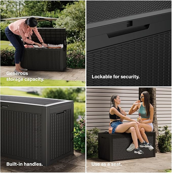 100 Gallon Double-Wall Resin Deck Box - Lockable Waterproof Outdoor Storage Box, 1000lbs Capacity & Doubles as Seating for Patio Furniture - Garden Tools, Pool Accessories (Black)-HomvellaHome