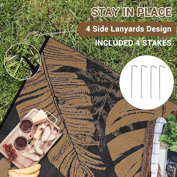 GAOMON Outdoor Patio Rug 9x18 Waterproof Outdoor Plastic Straw Rug Reversible Camping Mat, Foldable Portable RV Picnic Carpet with Bag & 4 Stakes, UV Resistant Outside Carpet for Deck Balcony, Brown-HomvellaHome
