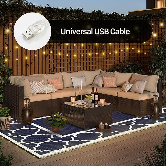 GENIMO 6' x 9' Outdoor Rug Waterproof for Patio Decor, Foldable Reversible Plastic Straw Area Rugs Mat with String Light, Led Carpet for Camper, Rv, Deck, Porch, Picnic, Beach, Balcony, Blue & White-HomvellaHome