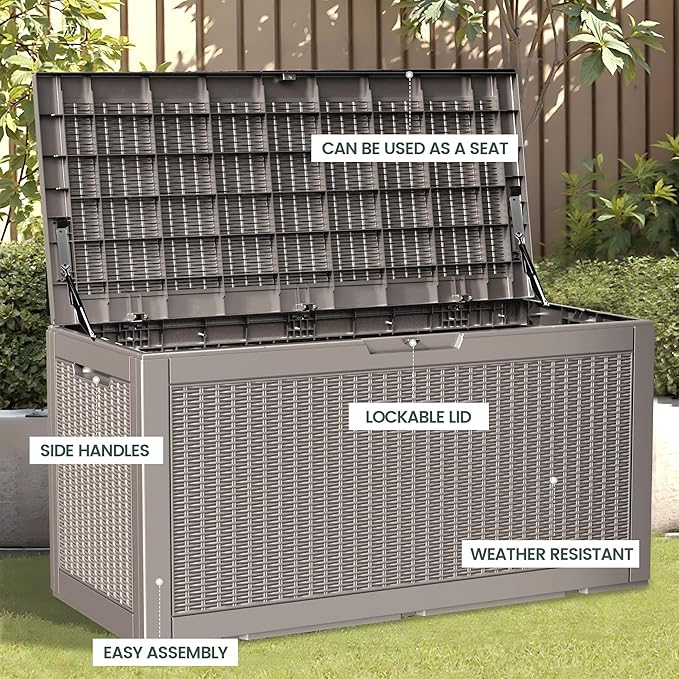 100 Gallon Storage Box, Waterproof Resin Deck Box with Hydraulic Piston Design, Lockable Storage Bench for Package Delivery, Storage Bin for Patio Cushions, Garden Tools, Grey-HomvellaHome