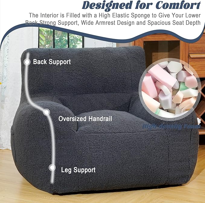 Giant Bean Bag Chair, Lambswool Bean Bag Chair for Adults, Soft Bean Bag High-Density Foam Filled, Grey Comfortable Been Bag for Bedroom, Playroom.-HomvellaHome