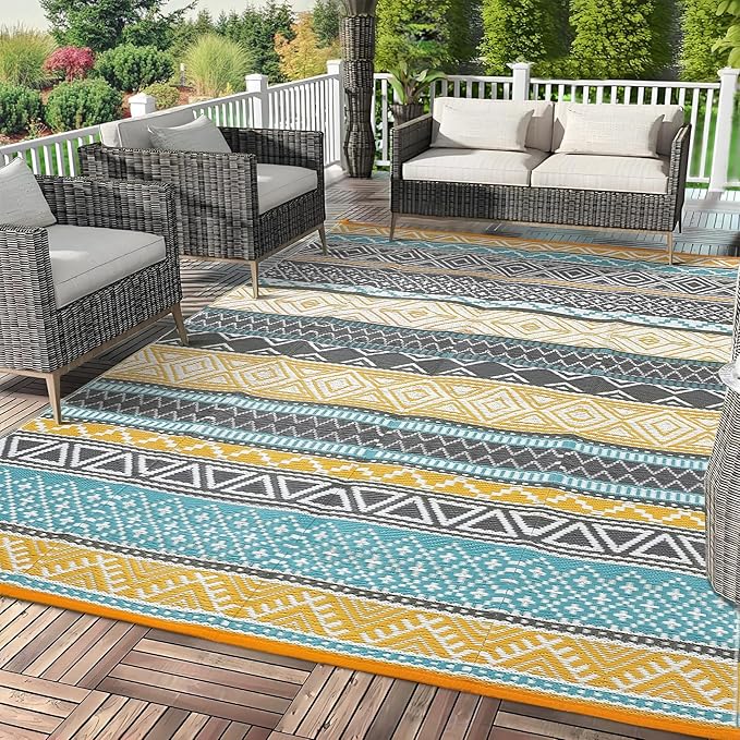 GAOMON Reversible Outdoor Rug 9'x18' Waterproof Plastic Straw Rug, Patio Rug, Large Modern Area Rug Carpet, Indoor Outdoor Rugs for Camping, Porch, Deck, Balcony, Backyard, Teal/Yellow(Bohemia)-HomvellaHome