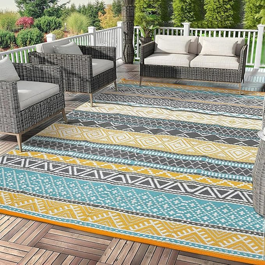 GAOMON Outdoor Plastic Straw Rug, 10'x14' Reversible Sage Green Patio Mat, Flower Modern Design for RV, Backyard, Deck, Camping, Picnic, Teal/Yellow(Bohemia)-HomvellaHome