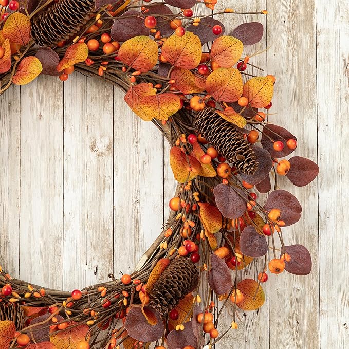 Glitzhome 22" D Fall Eucalyptus Berry Wreath, Artificial Wreaths Rustic Hanging Ornaments for Fall Front Door Wall Decor-HomvellaHome