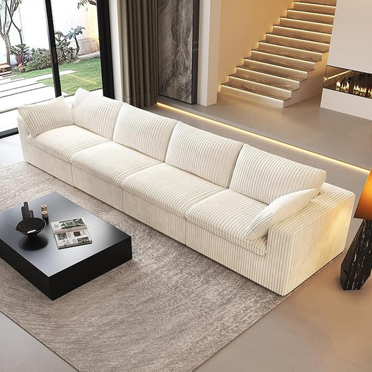 157.5" 4-Seater Cloud Sofa,Modular Sectional Couch,Modern Deep Seat Upholstered Couches with Plush Corduroy Fabric for Living Room Furniture,Bedroom and Apartment,No Assembly Required,White-HomvellaHome