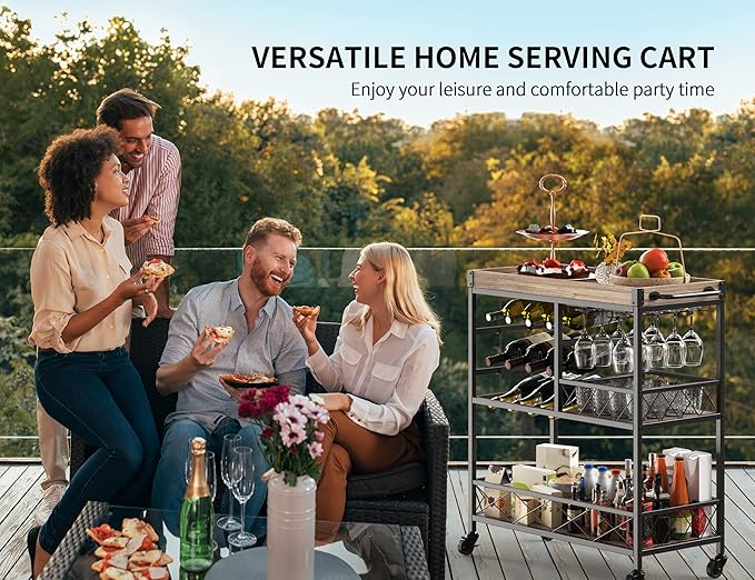 Gizoon Rolling Bar Cart, a Versatile Beverage Cart with a Removable Tray, 12-Bottle Wine Rack, and Glass Holder, The Bar Cart is Perfect for Kitchen, Dining Room, or Outdoor Use (Gray)-HomvellaHome