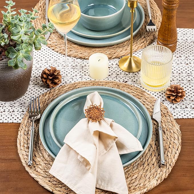 GBHOME Ceramic Dinnerware Sets for 4, 12 Pieces Stoneware Plates and Bowls Sets, Scratch Resistant Dishes, Dishwasher & Microwave Safe, Reactive Glaze-Malachite Green-HomvellaHome