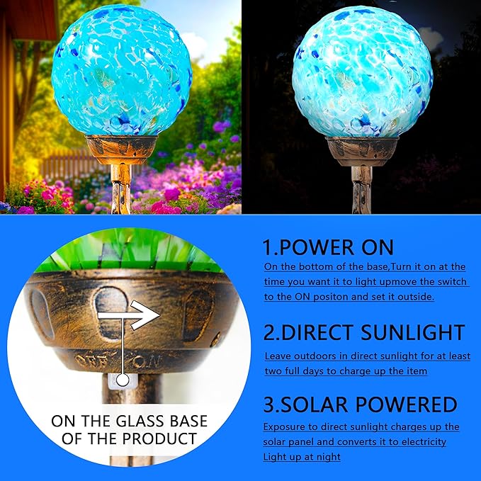 Garden Solar Lights, Decorative LED Honeycomb Glass Ball Garden Stake, Glass and Metal Outdoor Decoration, 4 x 31 Inch (Light Blue)-HomvellaHome