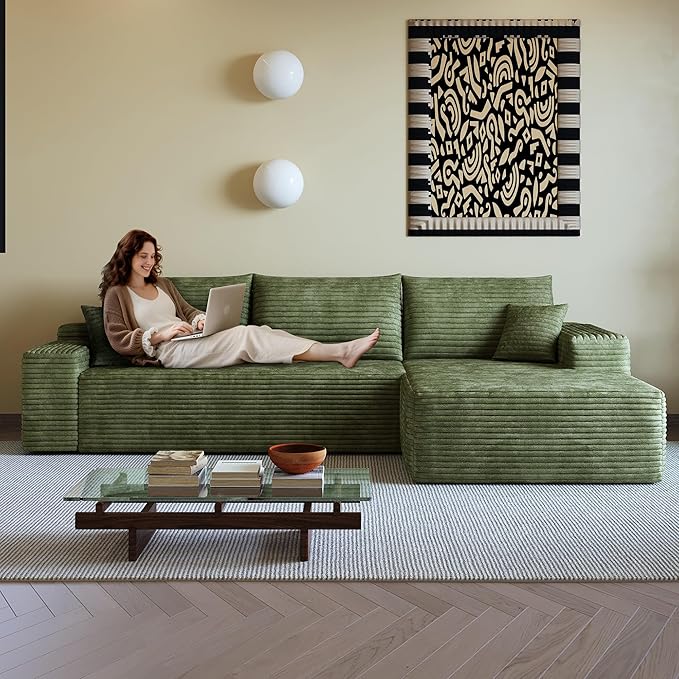 108" Sectional Couches for Living Room Modern Modular Sofa with L-Shape Couchs Upholstered Boneless Couch Deep Seat Sectional Couch with Chaise (Green, Right Facing Chaise+2Seaters)-HomvellaHome