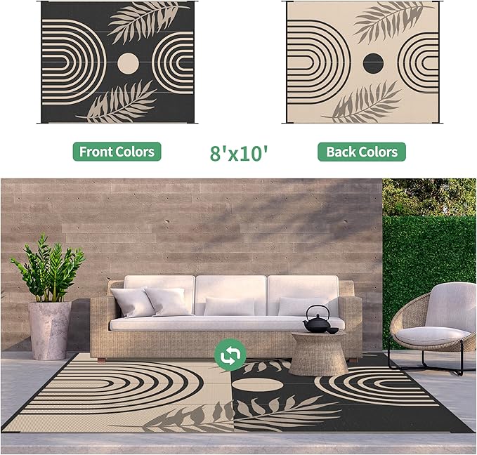 GENIMO Outdoor Rug 8' x 10' Waterproof for Patio Clearance, Reversible Lightweight Plastic Straw Camping Carpet, Large Area Rugs Mats for Rv, Backyard, Deck, Porch, Picnic, Balcony, Mix-Black & Beige-HomvellaHome