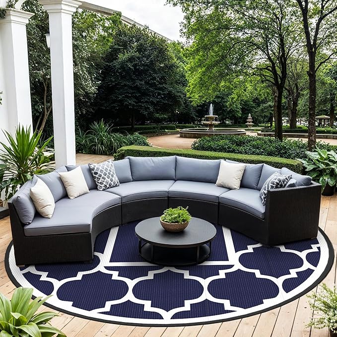 GENIMO 10 ' Round Outdoor Rug for Patio, Waterproof Indoor Outdoor Plastic Straw Rugs Carpet, Reversible Outside Area Mat for Camping, Balcony Porch, Deck, Picnic, Blue White-HomvellaHome