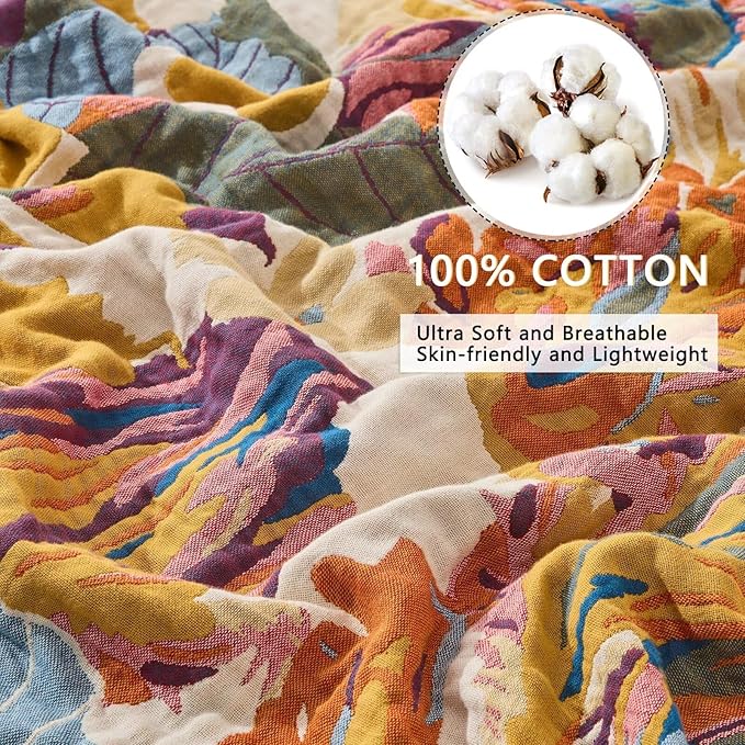 100% Muslin Throw Blanket for Couch, Butterfly and Floral Double Embroidery Summer Throw Blanket 60"x80" for Bed, Chair, Woven Cotton Reversible Mexican Blanket-HomvellaHome